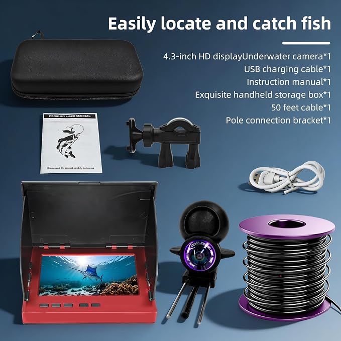 Fishing Camera, 220° Ultra-Wide 1080P HD Underwater Fishing Camera with 4.3" LCD & IR Night Vision, 50ft Cable for Ice Lake Boat Kayak Fishing