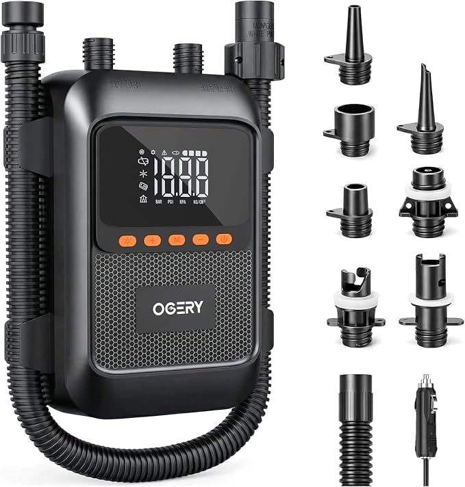OGERY Paddle Board Electric Pump, 3X Faster Inflation & Deflation, Dual Power SUP Pump with Smart Auto-Off, Up to 20 PSI, Digital Pressure Display, 7 Nozzles for SUP Kayaks Tents Air Mattresses Boats