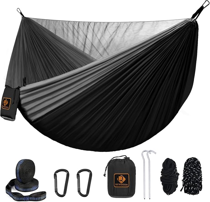 Camping Hammock with Mosquito Net,Lightweight 210T Nylon Hammocks,Portable Hammock with 10ft Tree Straps,Camping Gear Must Haves for Travel Hiking Backpacking Beach Patio-Black&Grey