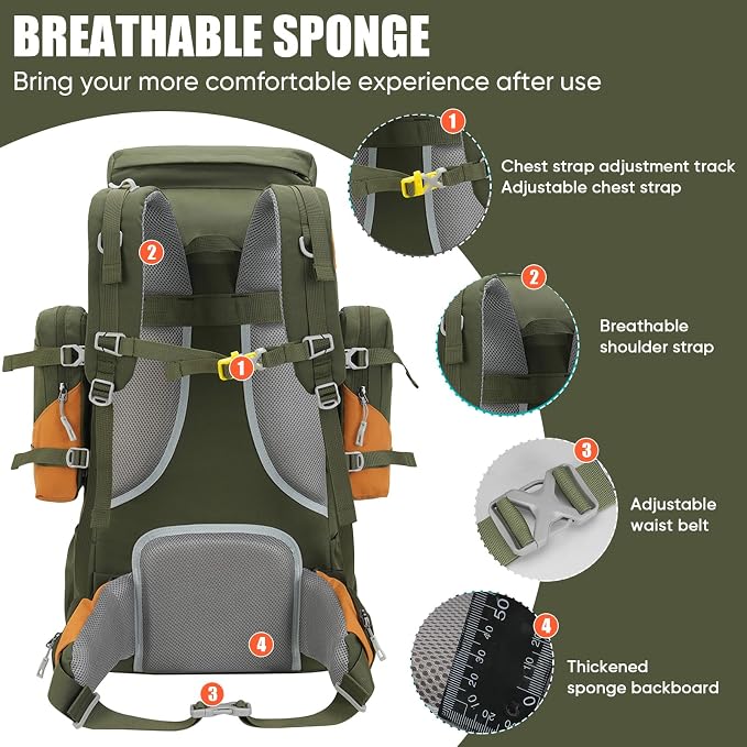 Bseash 70L (65+5) Waterproof Hiking Camping Backpack with Rain Cover, Outdoor Sport Travel Daypack for Climbing Touring (Army Green)