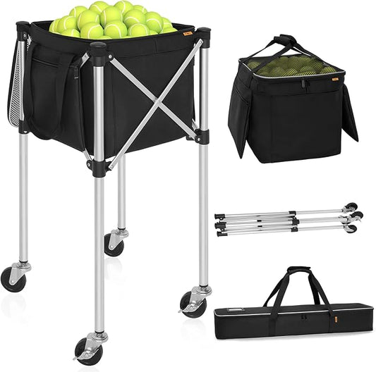 Foldable Tennis Ball Cart Holds 180 Balls Wheeled Tennis Ball Hopper Sports Teaching Carts with Storage Bag, Light Auminum Alloy