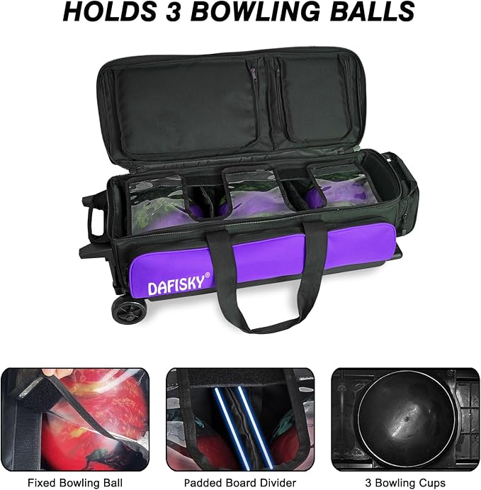 DAFISKY 3 Ball Bowling Bags with Wheels, Roller Bowling Bag with Multiple Pockets Retractable Handle Extends to 38‘’