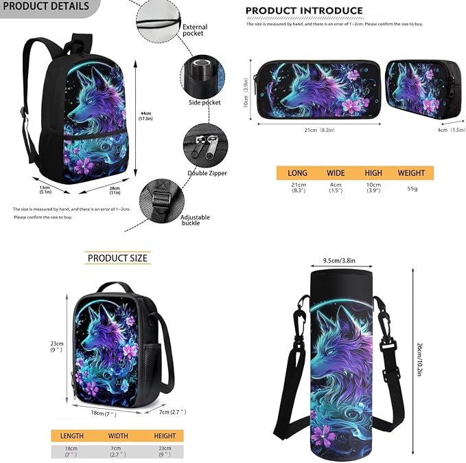 Wolf School Bag Girls Backpack with Lunch Bag and Pencil Pouch Water Bottle Holder Childrens School Daypack Travel Bag Satchel Bagpack Set 4 in 1