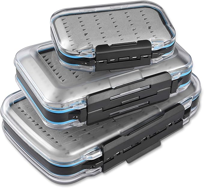 Gonex Fly Boxes for Fly Fishing Jig Boxes Two-Sided Waterproof Lightweight Fly Fishing Box Easy Grip Transparent Lid Fly Fishing Lures Box Sizes A+B+C, Grey