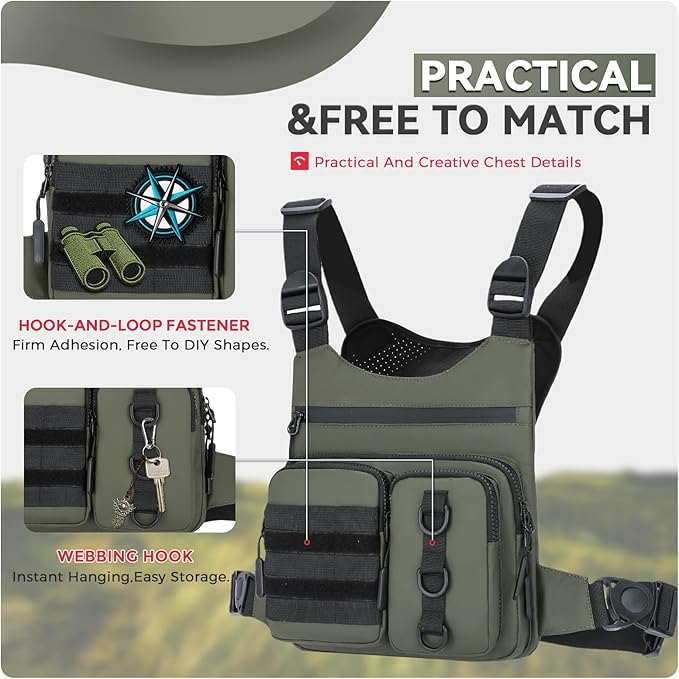Criuage Outdoor Chest Bag for Men, Lightweight Adjustable Running Vest, Water Resistant EDC Chest Pack with Water Bottle Pocket, Breathable Back Pad for Hiking Cycling Fishing Travel (Olive)