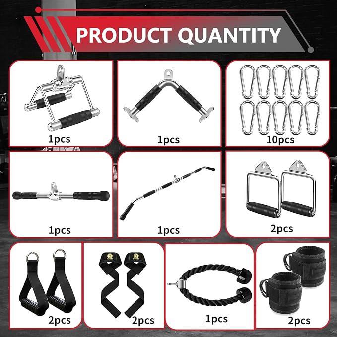 LAT Bar Cable Attachment with Rubber Handgrips, Deluxe Heavy Duty Solid Curl Bar Revolving Hanger Home Gym Cable Attachments