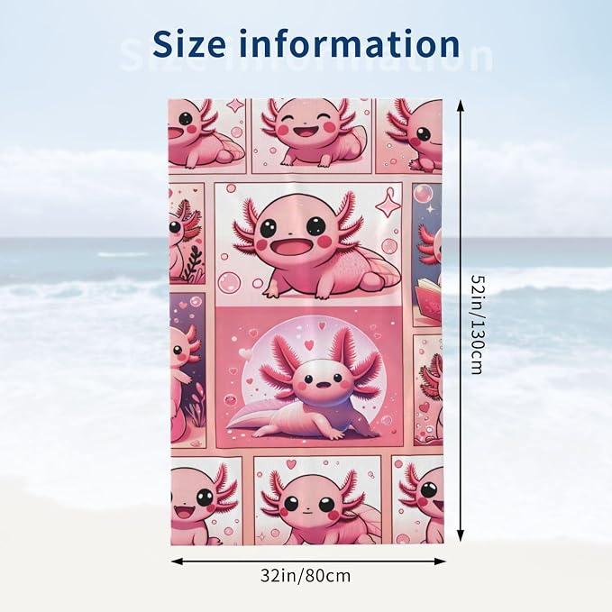 Cute Axolotl Beach Towel, 32x52in Microfiber Quick Dry Gold Cartoon Comic Fish Pink Bath Towels, Soft Lightweight Oversized Sand Free, for Travel Pool Swimming Gym Decor, Gifts