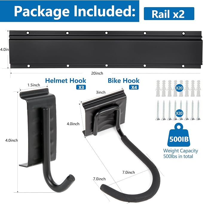 Sinoer Bike Storage Rack,Bike Storage Hanger, 4 Bikes + 3 Helmets Heavy Duty Bike Storage Vertical Bike Rack Holds up to 66lbs, 20 inches / 511mm -2 Rails