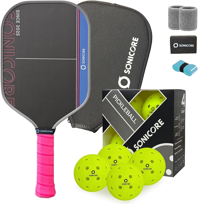 SONICORE Pickleball Paddle Set Bundle, T700 Carbon Fiber 16mm Core, 1 Paddle, Cover, Wristbands, Grip Tape, Eraser, 4 Premium Balls | Vibe Pink