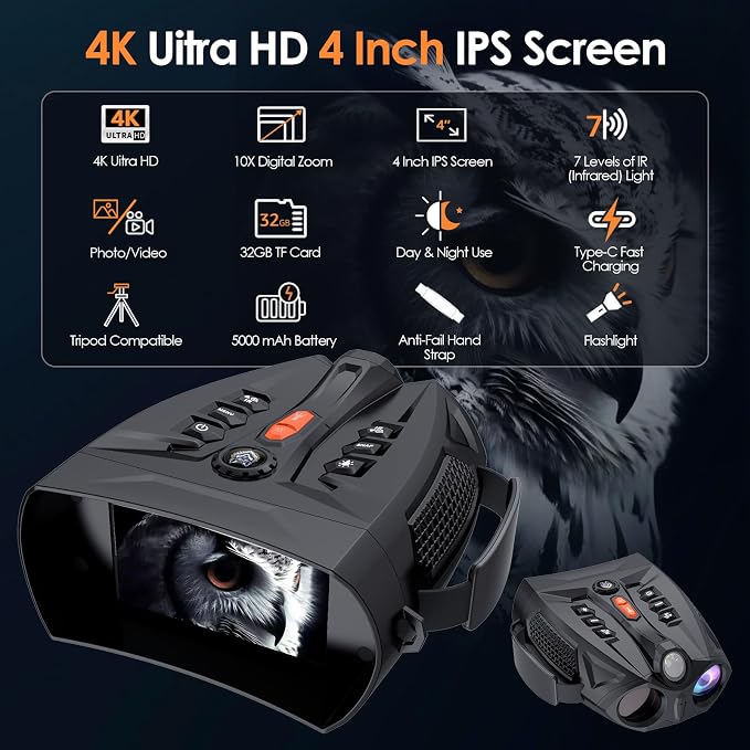 Night Vision Goggles, 4K Night Vision Binoculars for Adults with 10X Digital Zoom, 7-Level IR, 5000mAh Rechargeable Battery, 4'' HD Screen, Flashlight & 32GB TF Card for Hunting, Camping, Security