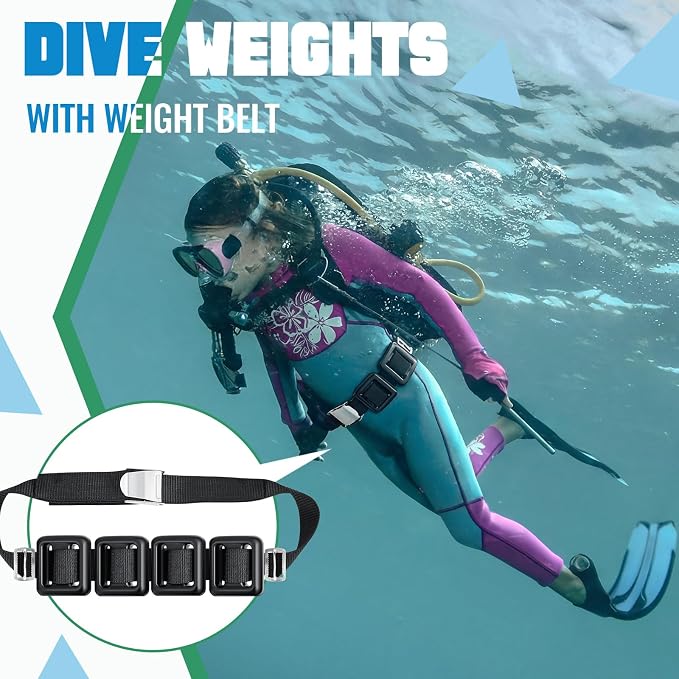 Tellegloww 7 Pcs Diving Weight Accessories Include 4 Dive Weights, 1 Nylon Dive Belt with Metal Quick Release Buckle, 2 Stainless Steel Weight Belt Keeper with D Ring for Diving Spear Fishing