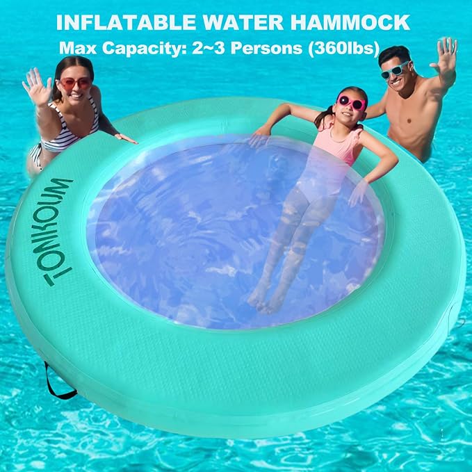 Water Hammock Inflatable Dock, 3.8ft/6ft/8ft Floating Raft Circular Water Island, Float Rings Air Mesh Platform for Lake/River/Swim Pool