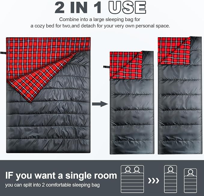 Cotton Flannel Double Sleeping Bag for Camping, Backpacking Or Hiking. Queen Size 2 Person Waterproof Sleeping Bag for Adults Or Teens. Lightweight with Compression Sack