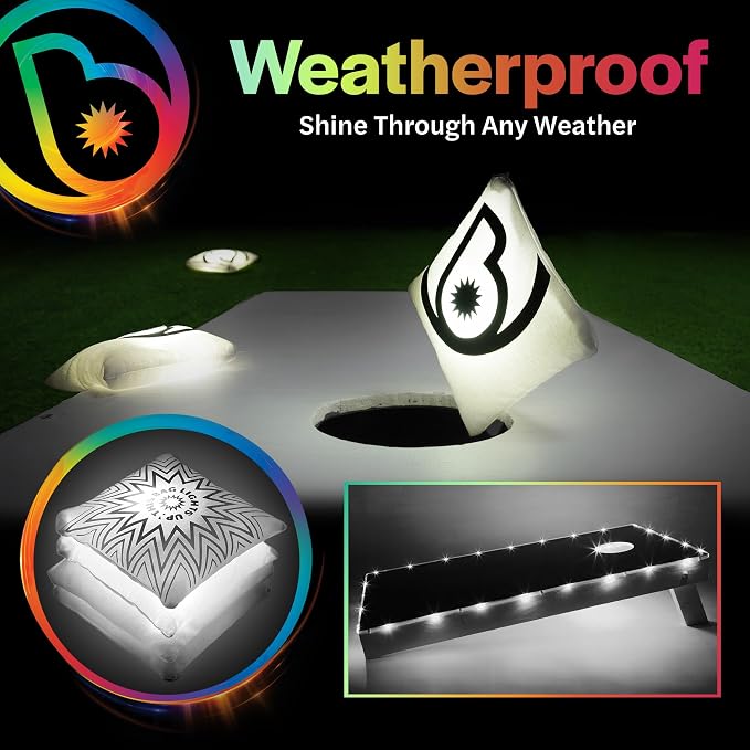 Brightz Cornhole Board Edge Lights with LED Bags - Includes 4-Pack of LED Cornhole Bags + TossBrightz Cornhole Board Edge Lights - The Ultimate Night Time Cornhole Master Set