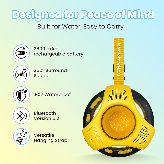 Mambobaby Floating Bluetooth Speaker with Collapsible Cup Holder, IPX7 Waterproof Shower Speaker with 360° Sound & LED Lights, Pool, with Versatile Hanging Strap, Great Gift for All Ages(Yellow Black)