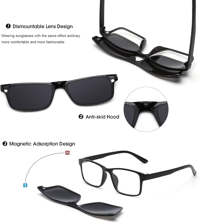JIM HALO Magnetic 5Pcs Polarized Clip-on Sunglasses Plastic Frame for Night Driving