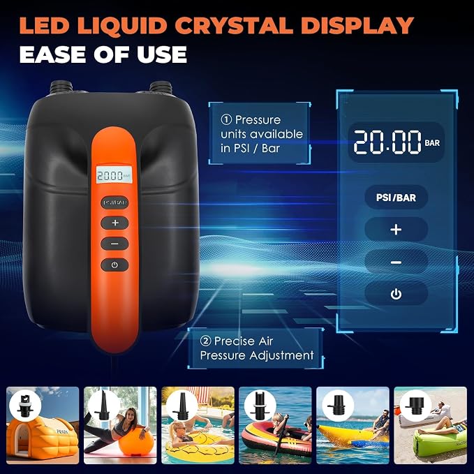 Paddle Board Electric Pump - 20Psi Portable Rechargeable Electric SUP Air Pump,Dual-Stage Inflation & Deflation, Auto-Off,High Pressure Pump with LED Light for SUP, Kayak, Surfing Kite, Boat