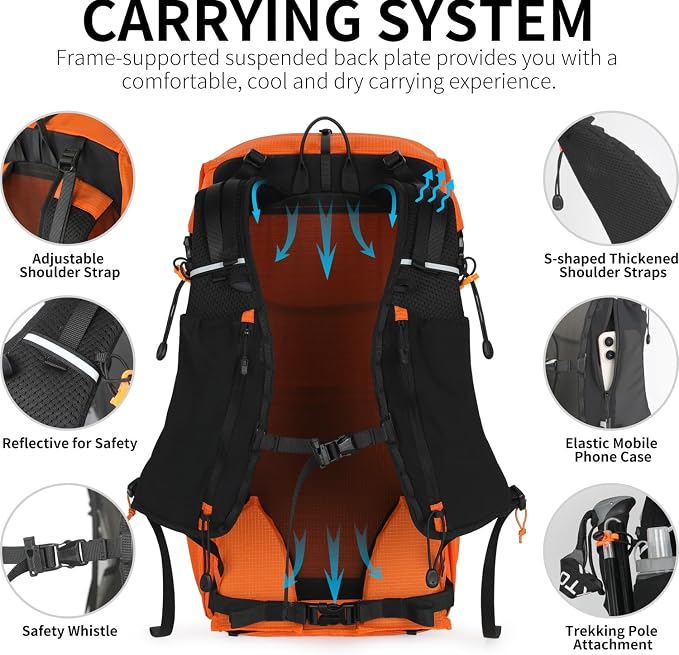 IX INOXTO Hiking Backpack for Men and Women, 30L Waterproof Camping Backpack with 3L Water Bladder and Rain Cover, Lightweight Outdoor Sport Travel Daypack Rucksack for Climbing Cycling (Orange)