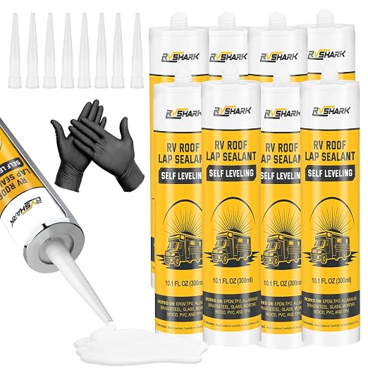 RV Roof Sealant 8 Pack, 30 Seconds Self Leveling Lap Sealant – White, Fast Curing Waterproof Flexible Caulk RV Sealant with Gloves for Camper Trailer Roofs Maintenance Repair