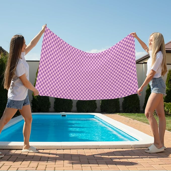 2 Pcs Microfiber Beach Towel, Sand Free Quick Dry Oversized Retro Red Pink Checkerboard, Lightweight Travel Pool Yoga Camping Accessories for Adults, 71 x 32 Inches