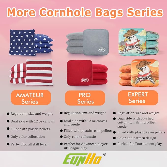EunHo Regulation Cornhole Bags Set of 8 - Dual Sided Slick and Stick Cornhole Bean Bags for Tossing Game Professional All Weather Pro Corn Hole Bags with Tote Bag
