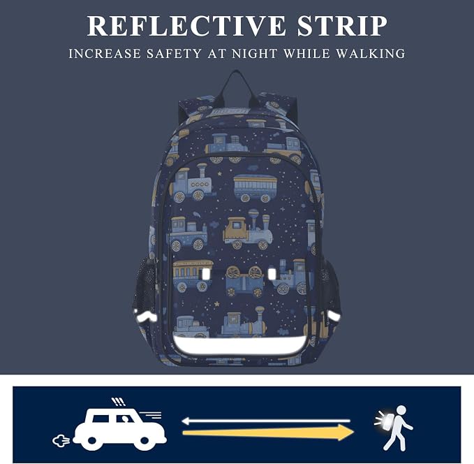 Fisyme Trains Cute Blue School Backpack Laptop Backpacks Bags Bookbag Travel Casual Computer Notebooks Daypacks