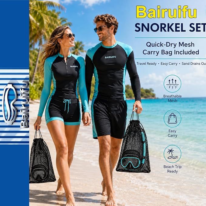Snorkeling Gear for Adults 2-Pack | Anti-Fog & Anti-Leak Snorkeling Mask | Breath-Free Dry Snorkel | 180° Panoramic View with Quick-Dry Bags