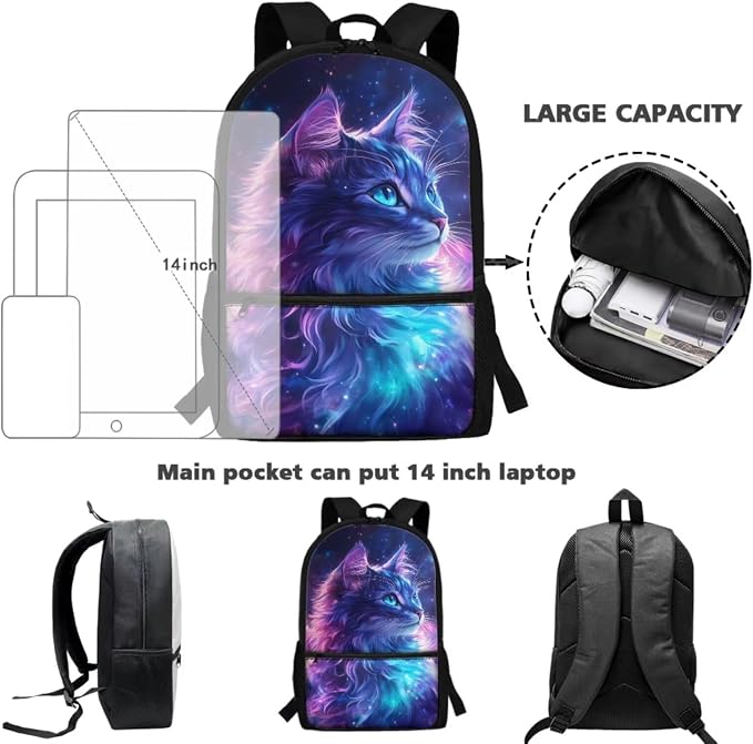Kids School Bag for Girls Cat Backpack and Lunch Box Pencil Case Water Bottle Holder 4 PCS School Accessories Back to School Supplies
