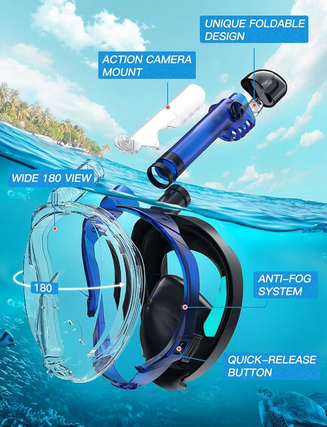 Full Face Snorkel Mask for Adults, 180° Panoramic Anti-Fog Snorkeling Gear with Dry Top System & Camera Mount, Foldable Anti-Leak Design for Travel, Swimming & Ocean Snorkeling