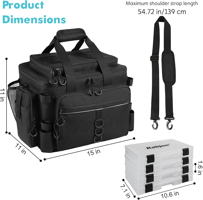 Rabjen Fishing Tackle Bag with Rod Holders & Cooler Main Compartment – Large Capacity Fishing Bag for Organized Gear Storage