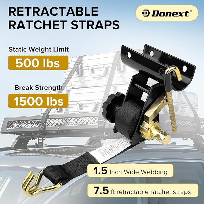 2 Pack Retractable Ladder Rack Ratchet Straps, 2" Round Tube Mount Tie Downs, 1.5" x 7.5' Heavy Duty 500 lbs Load Capacity with Double J-Hooks, Bolt-On Cargo Buckle for Truck & Van Roof Racks