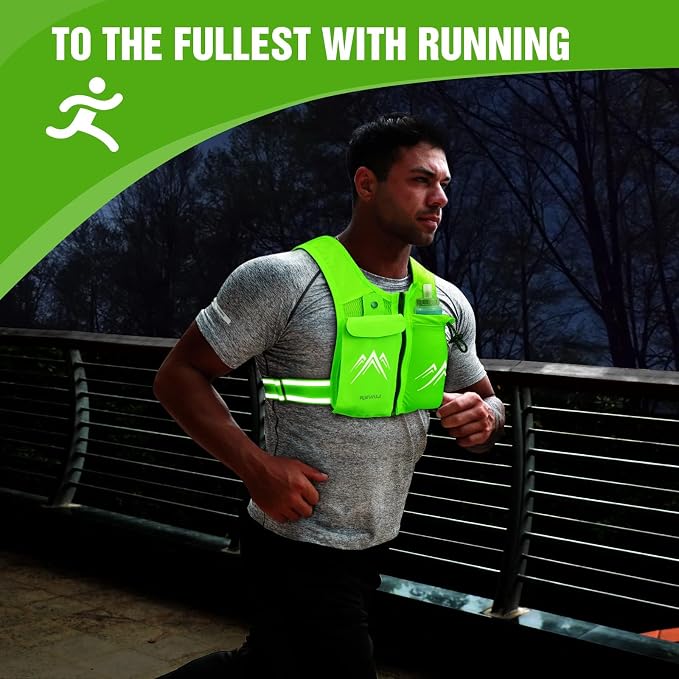 REVALI Running Vest, USA Original Patent, Zip Reflective Running Vests with 500ml Hydration Bottle, Adjustable Waistband & Breathable Material, Chest Pack Gear Phone Holder for Men & Women
