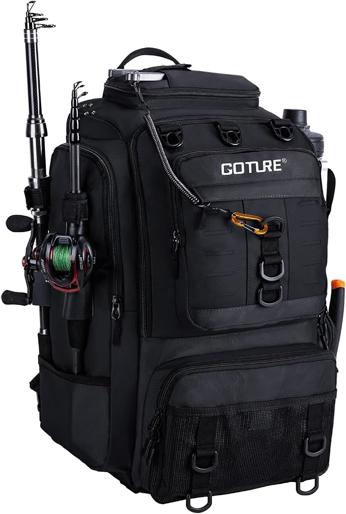Goture 40L Fishing Tackle Backpack Black, Water-Resistant Fishing Bag with Cooler Compartment & Rain Cover for Saltwater