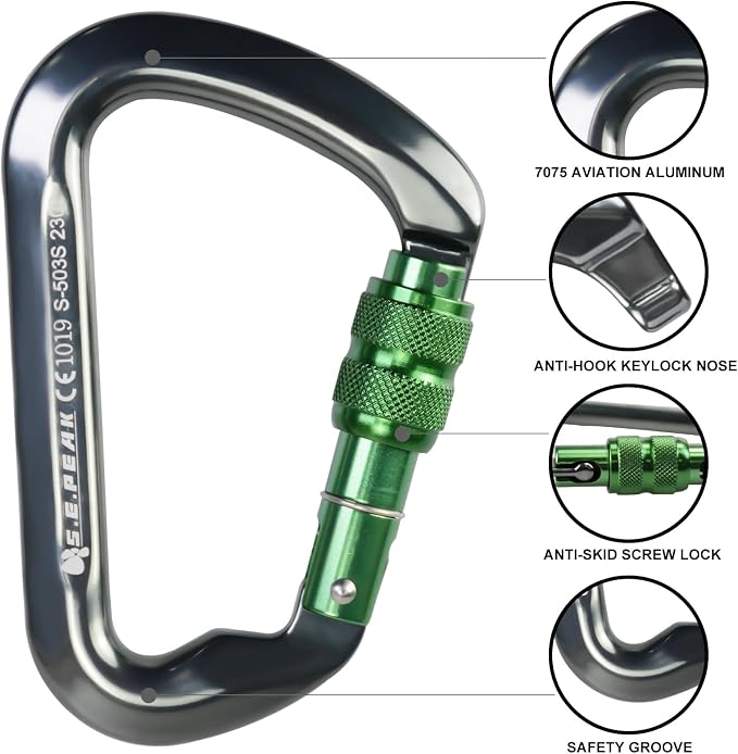 SEPEAK UIAA 30kN Locking Climbing Carabiner, Professional Heavy Duty Screwgate Clip for Outdoor Climbing, Mountaineering, Rappelling, Camping, Hiking, Swing,Large D Carabiner Hook/6744lb