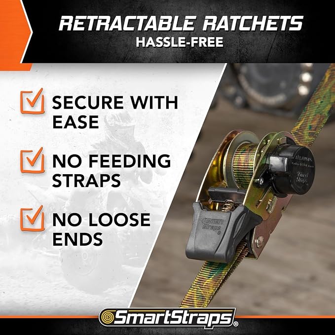 SmartStraps 10’ Retractable Ratchet Straps, 2 Pack — Heavy Duty Camo Ratchet Straps, 3,000lb Break Strength, 1,000lb Safe Work Load — Haul Motorcycles, Boats, and Appliances with Patented Technology