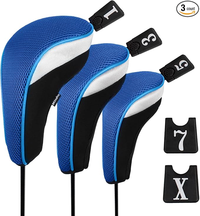 Andux 3pcs/Set Golf 460cc Driver Fairway Wood Club Head Covers | with interchangeable NO. Tags | Mesh Breathable material | Short Neck | Coloured Piping | Pull-On Closure