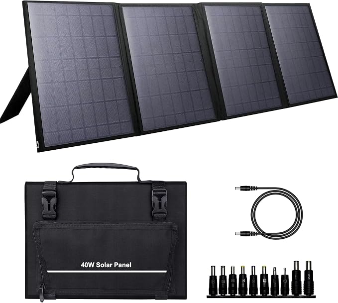Portable Solar Panel 40W, Foldable Solar Charger for Outdoor Solar Power Station Generator, Adjustable Kickstand,10 in 1 Connectors,DC to DC Cable,USB QC3.0 Output for Camping RV Road Trip Adventure
