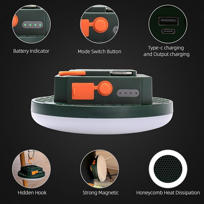 Ultra-Bright 4000LM LED Camping Lantern – USB-C Bidirectional Rechargeable, Stepless Dimming, 3 Color Modes, Magnetic Hook & Flat Base, IPX5 Waterproof, Glamping, Hiking, Power Outages & Backyard