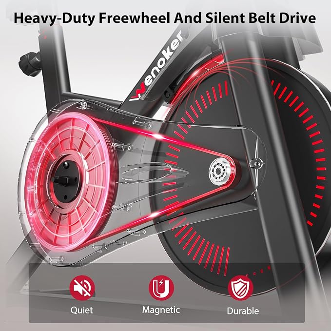 Exercise Bike, Wenoker Magnetic Stationary Bike for Home App Sync Indoor Bike with Adjustable Seat and Handlebar, Transport Wheels and Fitness Courses for Weight Loss