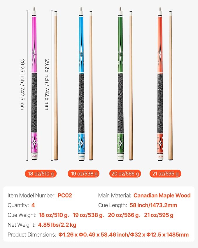 VEVOR Pool Cue, Pool Stick, 58 inch Billiard Pools Cue Stick with Multi-Layer Tip & ABS Connection Ring, Cues Sticks for Professional Pool Table, Bar, Home, Office