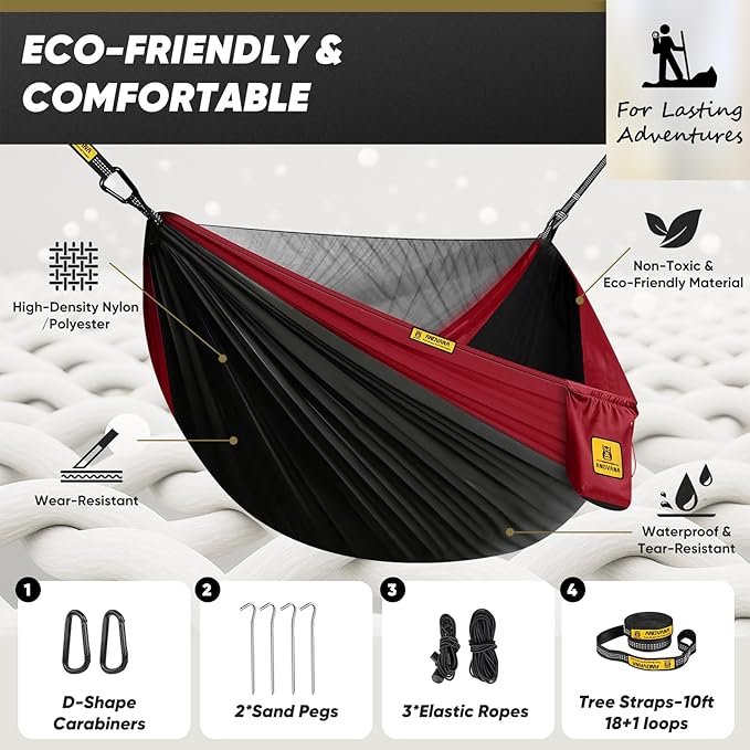 Camping Hammock with Mosquito Net, 500 lbs Portable Hammock with Tree Straps, 2-in-1 Double/Single Travel Hammock Tent for Outside/Indoor/Backpacking/Beach - Black & Red