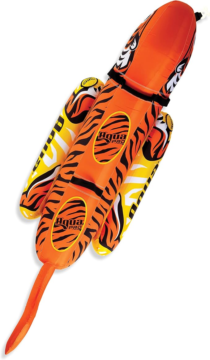 Aqua Pro Giant Towable Tiger Tube, 1-2 Riders, Double-Pontoon Inflatable Tiger Boat Tube, Orange/Yellow