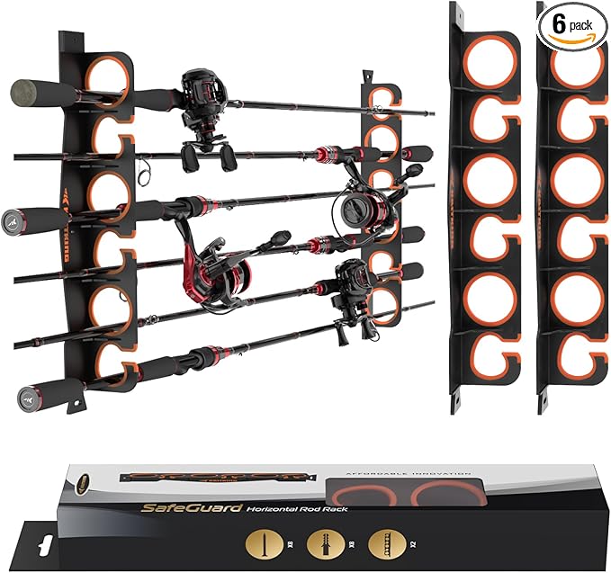 KastKing SafeGuard Fishing Rod Holder for Garage, Wall or Ceiling Mounted Fishing Rod Rack Storage Organizer, Fishing Pole Holder Holds 6 Rods or Combos in Less Than 18 Inches