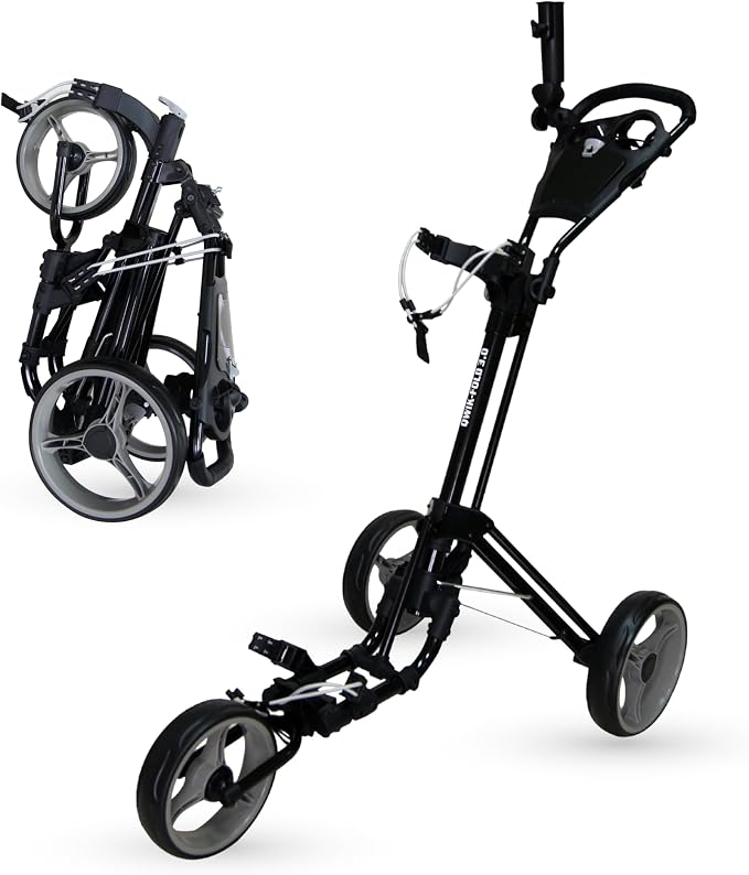 Qwik-Fold 3-Wheel Golf Push Cart with Foot Brake – 1-Second Fold & Unfold Folding Golf Trolley, Lightweight Aluminum Frame, Adjustable Handle, Ball-Bearing Wheels, Umbrella Holder & Storage