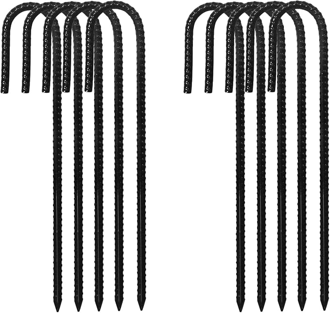 Rebar Stakes, 10 Pack 16 Inch Heavy Duty J Hook Ground Stakes for Camping Tent Trampoline Swings and Chain Link Fence, Black Powder Coated (Black)
