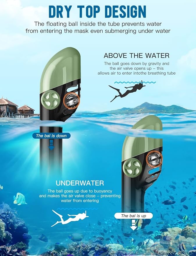 Full Face Snorkel Mask for Adults, 180° Panoramic Anti-Fog Snorkeling Gear with Dry Top System & Camera Mount, Foldable Anti-Leak Design for Travel, Swimming & Ocean Snorkeling