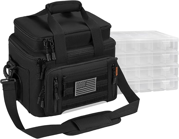 Fishing Tackle Bags with 4 * 3600 Tackle Trays - Saltwater & Freshwater Fishing Gear Bag Padded Shoulder Strap Tackle Box Bag (Black)
