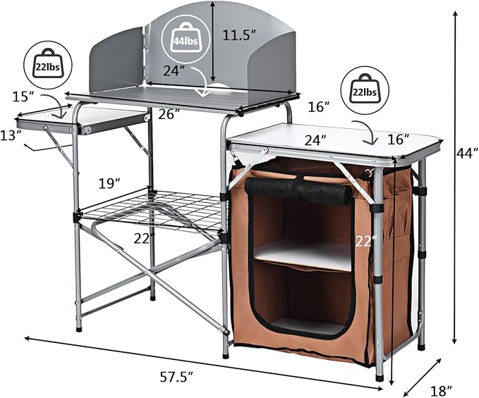 Tangkula Folding Camping Kitchen Table, Aluminum Portable Camping Grill Table with Windscreen, Cook Station, Outdoor Quick Set-up Camp Cook Table with Storage Organizer Shelves, Carry Bag