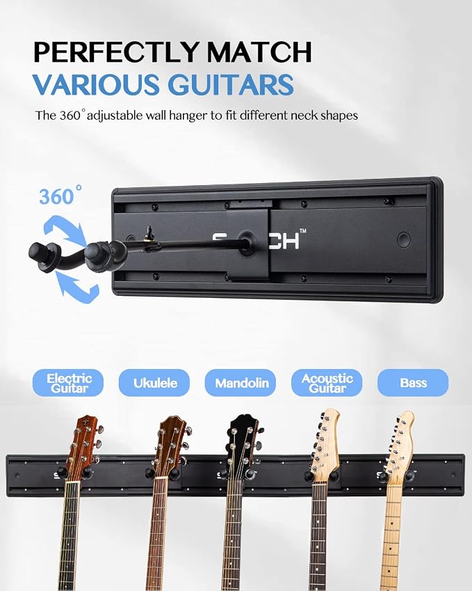 STRICH Guitar Wall Mount Hangers - Holds 5 Guitars, Aluminum Painted Black, Strong Aluminum Metal Stand Rack, Adjustable Display Set, SMH-05W