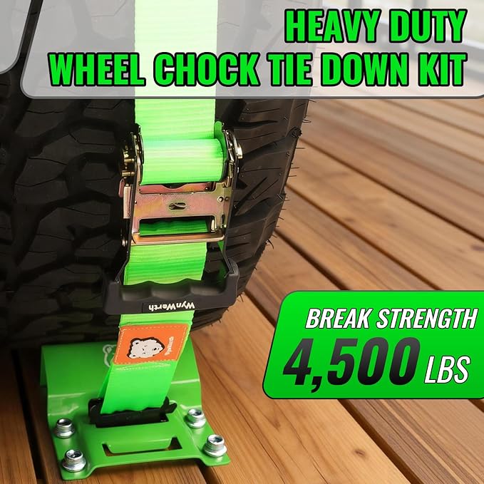Wheel Chock Tie Down Straps kit for Trailers, E-Track Heavy-Duty Wheel Tie-Down Set for Lawn UTV ATVs, SUV,Mowers and Tractors – 4500 lbs Break Strength, 4-Pack 2in x 8ft,Green